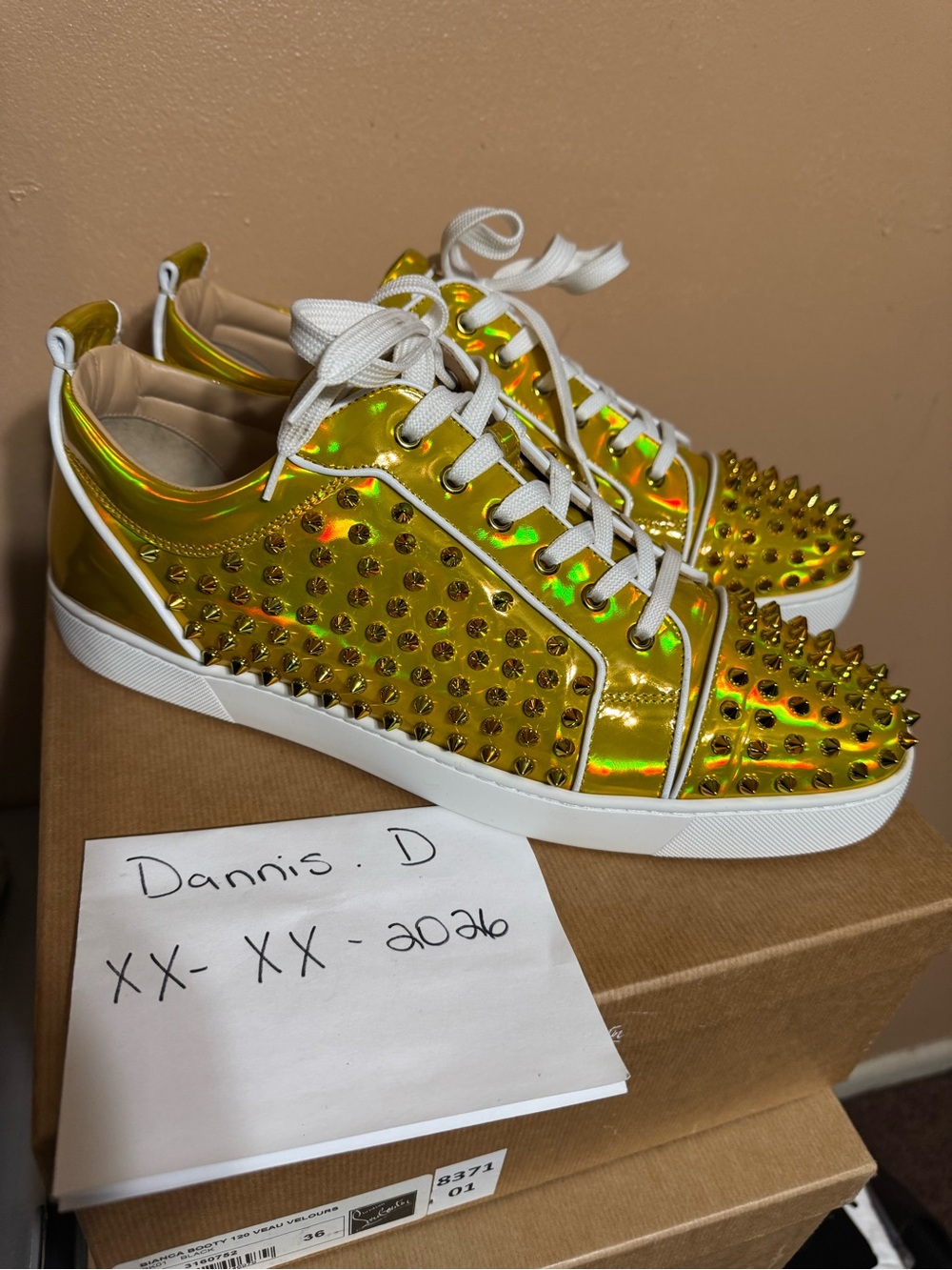 Christian Louboutin Gold Iridescent Spike-Embellished Low Top Sneakers 14.5